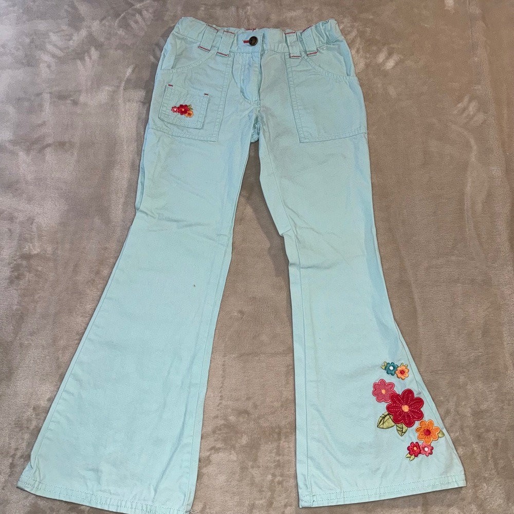 Gymboree Girls Aqua Blue Floral Embroidered Flare Pants Y2K Vintage 2007 Size 7